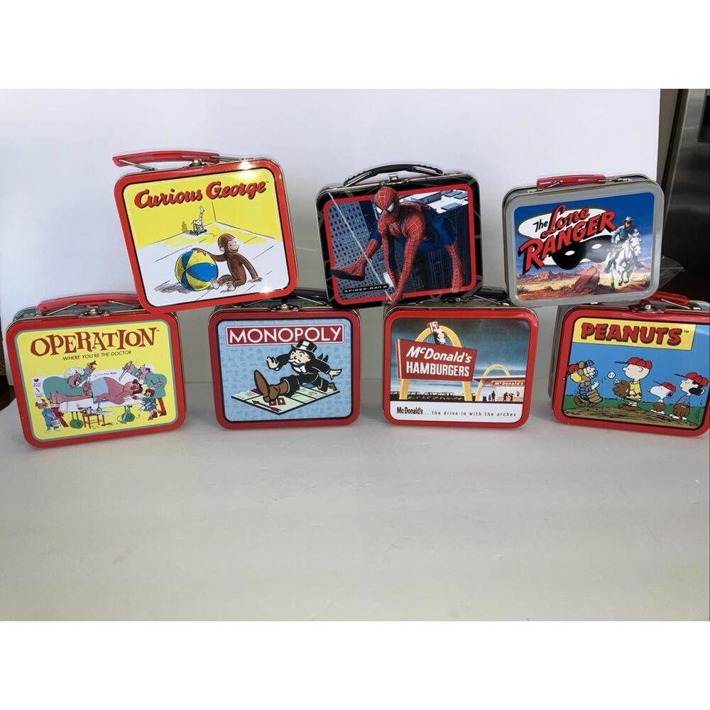 (7) Vintage 1997 & 98 Mini Metal Lunchbox Lone Ranger Peanuts Spider-Man+++ NEW